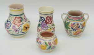 Four Poole pottery hand-painted vases, including an example with birds,