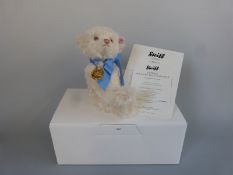 Steiff Teddy Bear George the Royal Baby with white mohair, blue ribbon, embroidered pad,