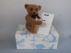 Steiff Teddy Bear Alexander with brown mohair, red parrot and jointed limbs,