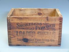 Meriden Fire Arms Co Smokeless Powder Loaded Shells wooden shotgun cartridge or ammunition box.