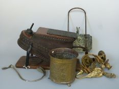 A quantity of metalware to include foot operated bellows, brass wall mounted candle holders,