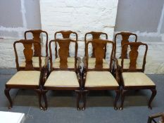 Eight (6 + 2) Queen Anne style burr walnut dining chairs
