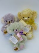 Three Merrythought Cheeky Teddy bears with yellow, green and lavender mohair,