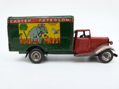 Tri-ang Minic clockwork tinplate Carter Patterson Delivery Lorry with red cab, green body,