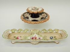 An early 19thC Ridgway porcelain inkwell and pen tray