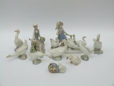 Lladro and Nao figures comprising eight geese and girl with dove,