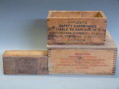 Three wooden cartridge or ammunition boxes including Eley Pinfire,