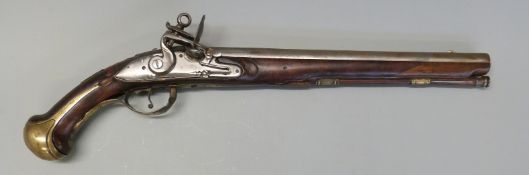 Italian flintlock hammer action holster pistol with engraved dragon to the brass trigger guard,