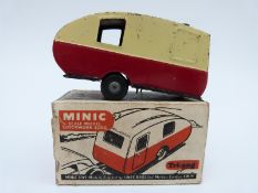 Tri-ang Minic clockwork tinplate Caravan with red and cream body,
