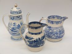 Two 18th / 19thC pearlware jugs and a coffee pot