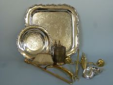 A hallmarked silver-mounted crumb brush, two plated trays,