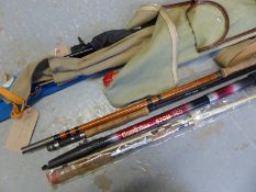 A collection of vintage fishing rods including Ron Thompson spin,