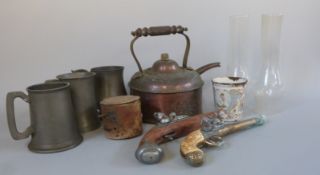 A quantity of collectables to include 1897 Queen Victoria enamel beaker, copper kettle,