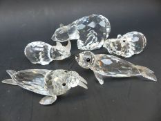 Five Swarovski Crystal animals comprising a seal, polar bear, hippo, rhino and walrus, largest 9.