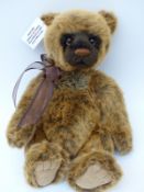 Charlie Bears Teddy Bear Louis with brown tipped mohair, brown bow with bell and jointed limbs,