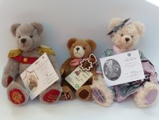 Three Hermann Teddy bears Geisha with cream mohair, silk outfit and jointed limbs,