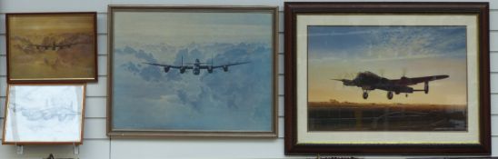 Three Coulson prints of Lancasters and a pencil drawing of a Lancaster
