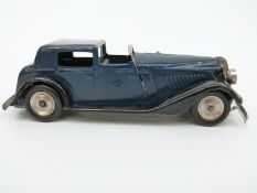 Tri-ang Minic clockwork tinplate Vauxhall Town car with blue and black body and original key