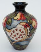 Moorcroft vase of bulbous form in Patridge in a Pear Tree pattern, 10cm tall,