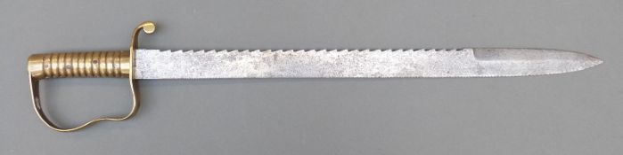 British Army 1856 pattern pioneers sawback sword with brass hilt, marked 12.