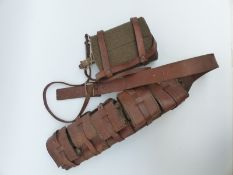Swedish Army leather bandolier together with metal water bottle and leather carrier/ holder