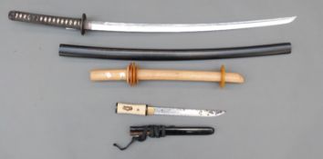 Modern Japanese Samurai sword and scabbard, blade 76cm, ceremonial dagger, blade length 28cm,