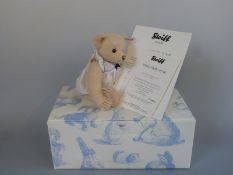 Steiff Teddy Bear June with beige mohair, nautical dress and jointed limbs,