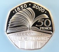 Public Libraries commemorative proof gold fifty pence coin, cased, cert. No. 0233, 15.