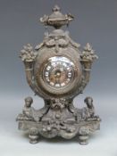 S Marti 19thC French spelter mantel clock decorated with sphinx-like creatures to base and