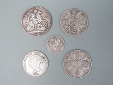 Five Victorian silver coins comprising a veiled head crown, two Jubilee double florins,