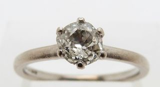 A 18ct white gold ring set with an old cut diamond of approximately 0.65ct, size M, 2.