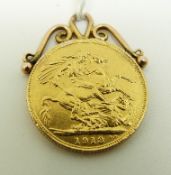 A 1913 gold full sovereign in yellow metal mount, 8.