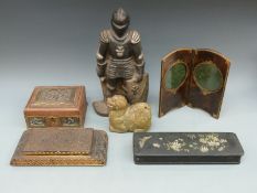 A 19thC straw work box, tooled leather double photograph frame,