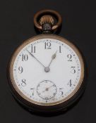 Omega gunmetal keyless winding open faced pocket watch with inset subsidiary seconds dial,