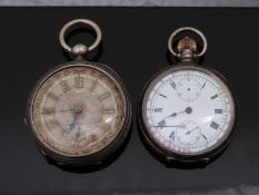Two gentleman's open faced pocket watches comprising a hallmarked silver example with tachymetre