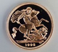 1992 cased proof gold full sovereign with certificate No.