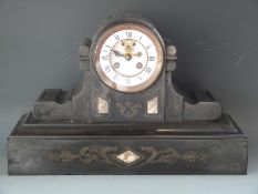 D Mougin late 19thC slate mantel clock in drum style case,