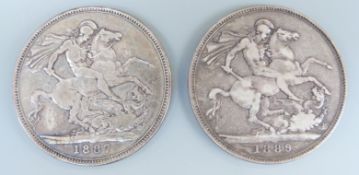 Two Victorian Jubilee head crowns for 1887 and 1889