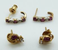 A pair of 9ct gold earrings set with rubies and diamonds and a pair of 9ct gold earrings set with a