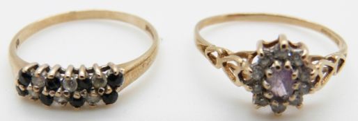 Two 9ct gold rings, one set with a sapphire and cubic zirconia and one amethyst and cubic zirconia,