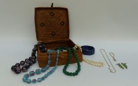 A lapis lazuli bracelet, glass beads, silver necklace,