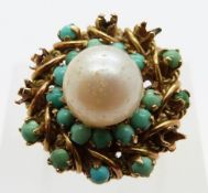 A yellow metal ring set with a faux pearl and turquoise, size M, 7.