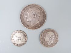 A trio of Alfonso XII coins to include 5 Peseta 1885,