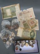 A small and interesting collection of coins and bank notes including a George III 1817 shilling,