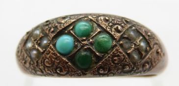 A 9ct gold Edwardian ring with engraved design set with turquoise and seed pearls, Birmingham 1902,