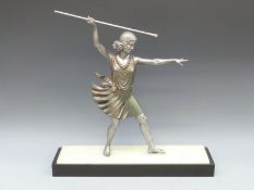 An Art Deco style spelter / silvered figure of a classical figure throwing a spear, on onyx base,