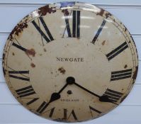 Newgate caseless quartz wall clock in distressed enamel finish with Roman numerals,
