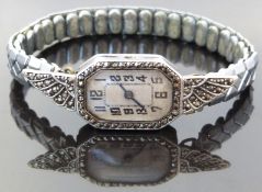 Hallmarked silver Art Deco style ladies wristwatch with blued hands, black Arabic numbers,