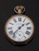 J C Vickery silver plated eight day keyless winding open faced pocket watch with inset subsidiary