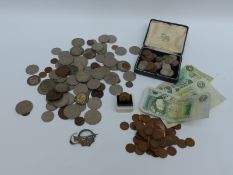 A hallmarked Scottish silver kilt or scarf pin, coins including threepences,